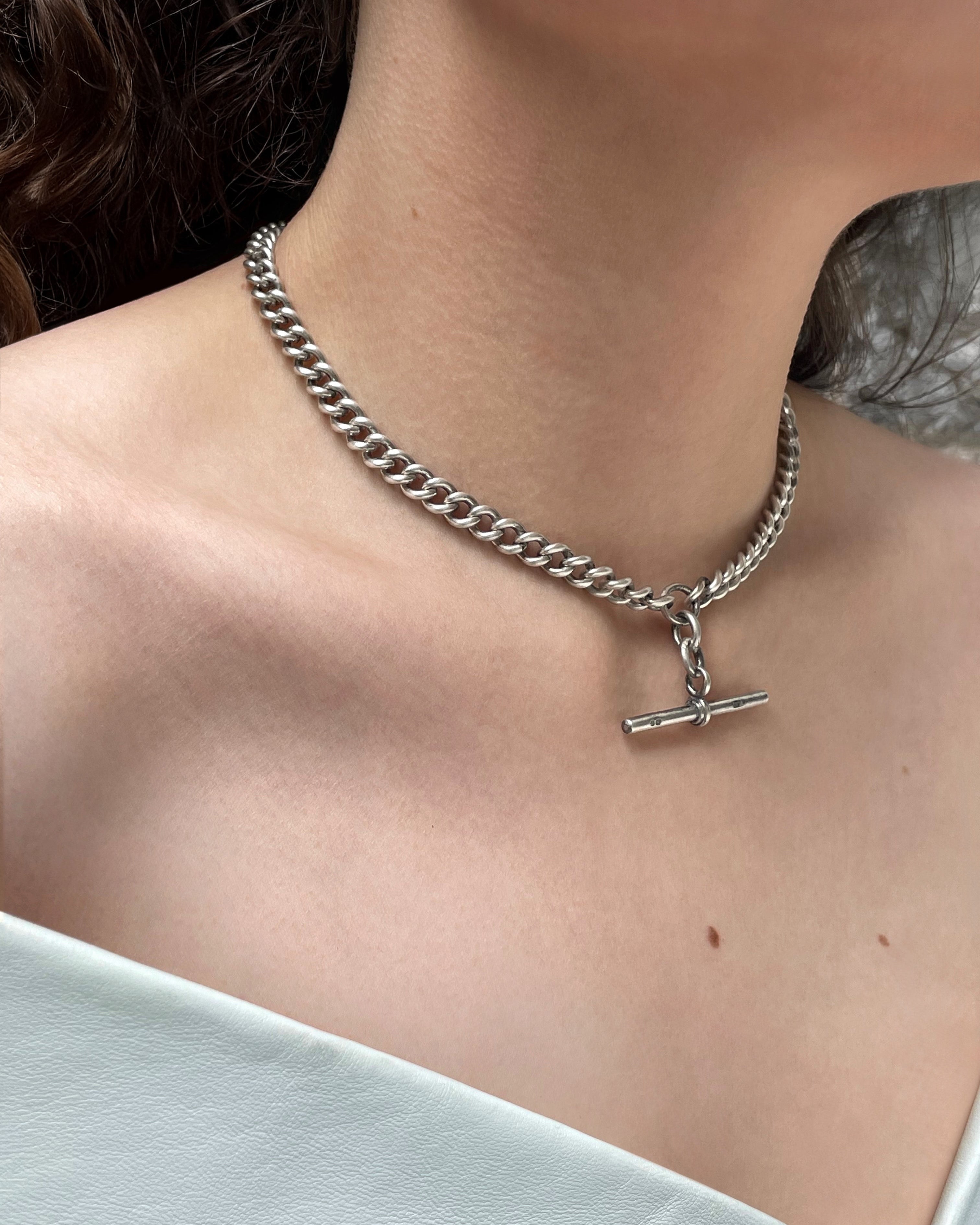 Edwardian sterling silver chain and T-bar worn on neck showing antique watch chain styling – Auric Vintage