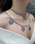 Arthus Bertrand 1 Franc coin sautoir in sterling silver layered on neck with silver T-bar chain – Auric Vintage