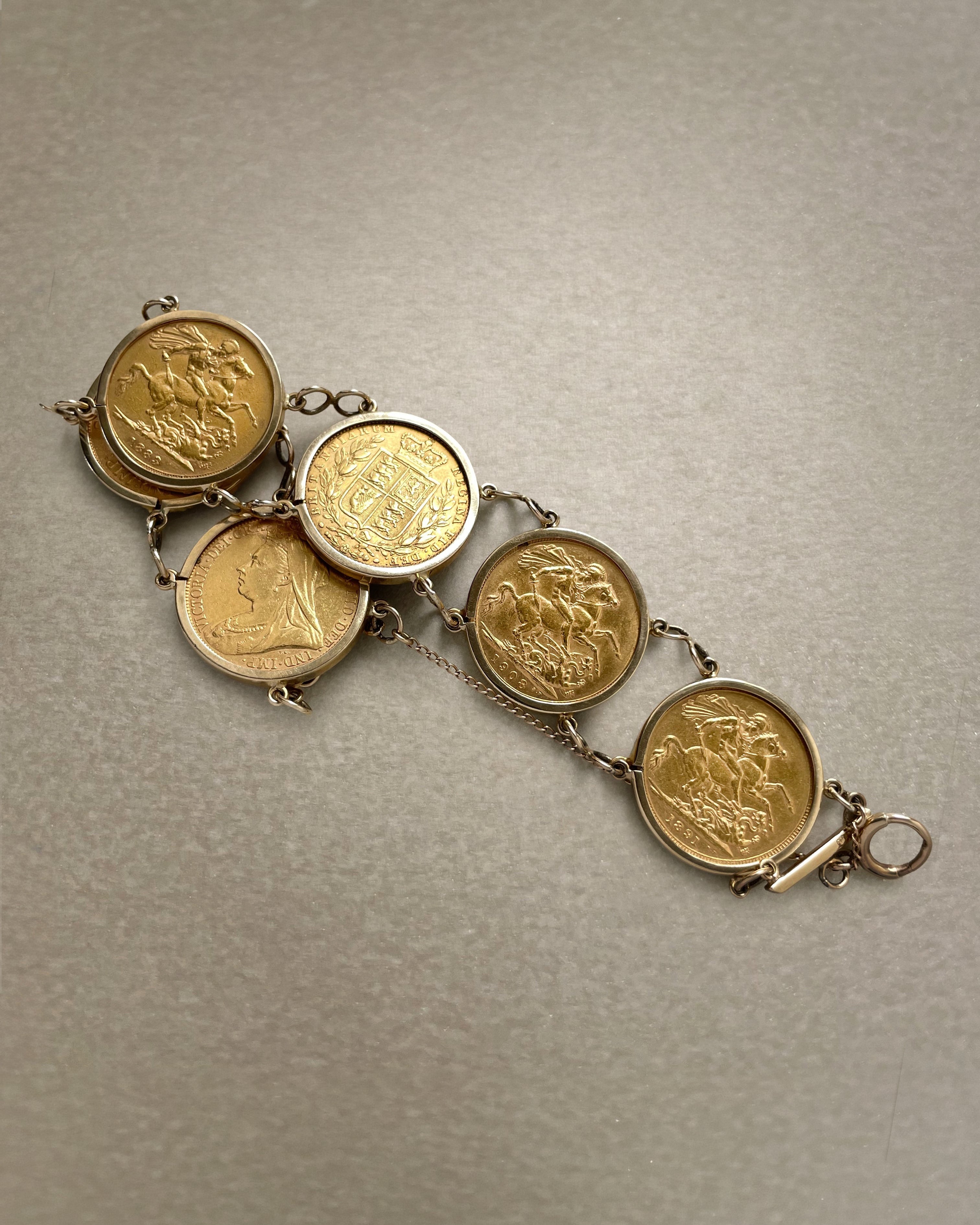 Antique six full sovereign coin bracelet with six gold sovereigns including shield back and St George reverse coins – Auric Vintage