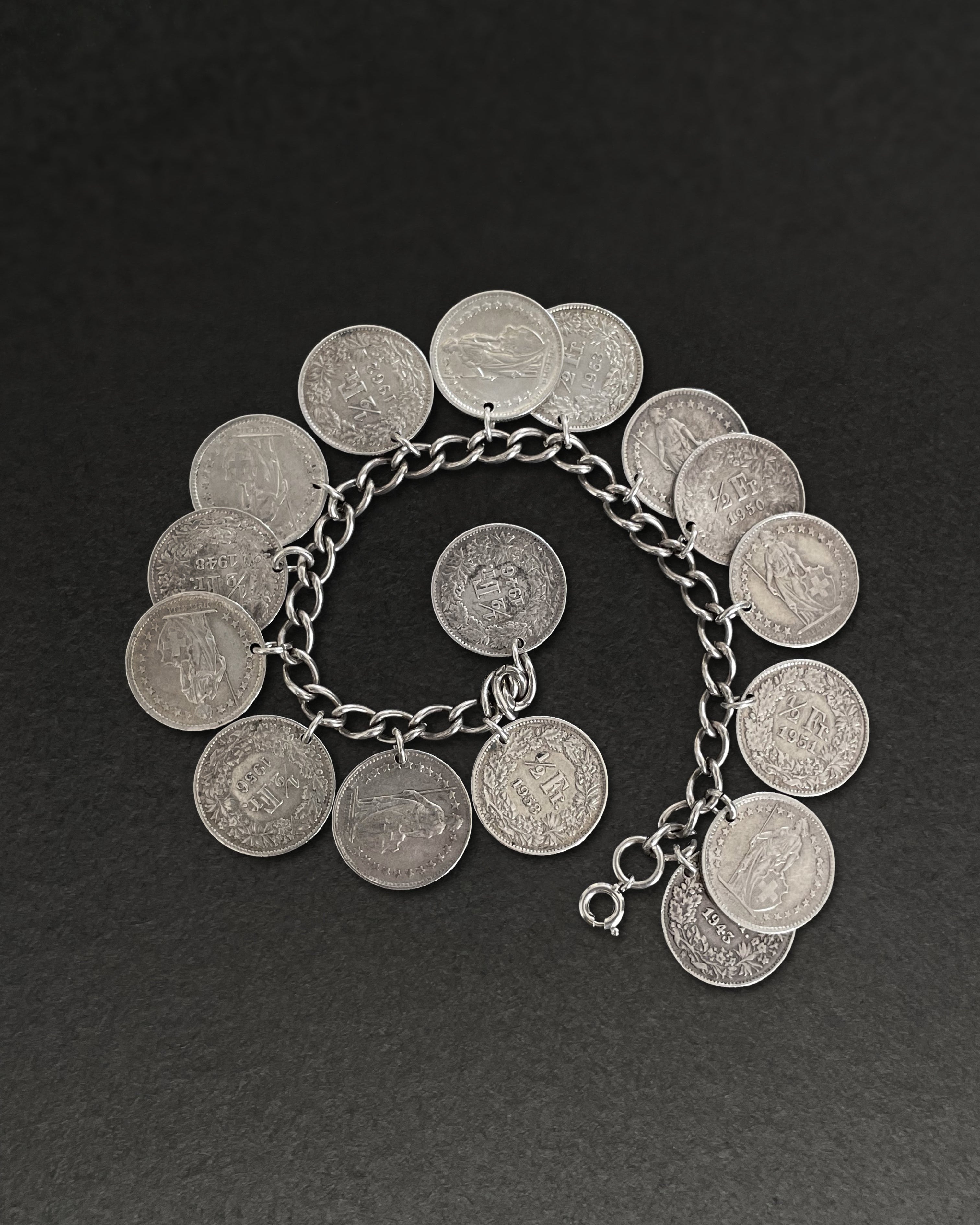 Vintage silver charm bracelet with Swiss half-franc coins and bolt ring clasp – Auric Vintage
