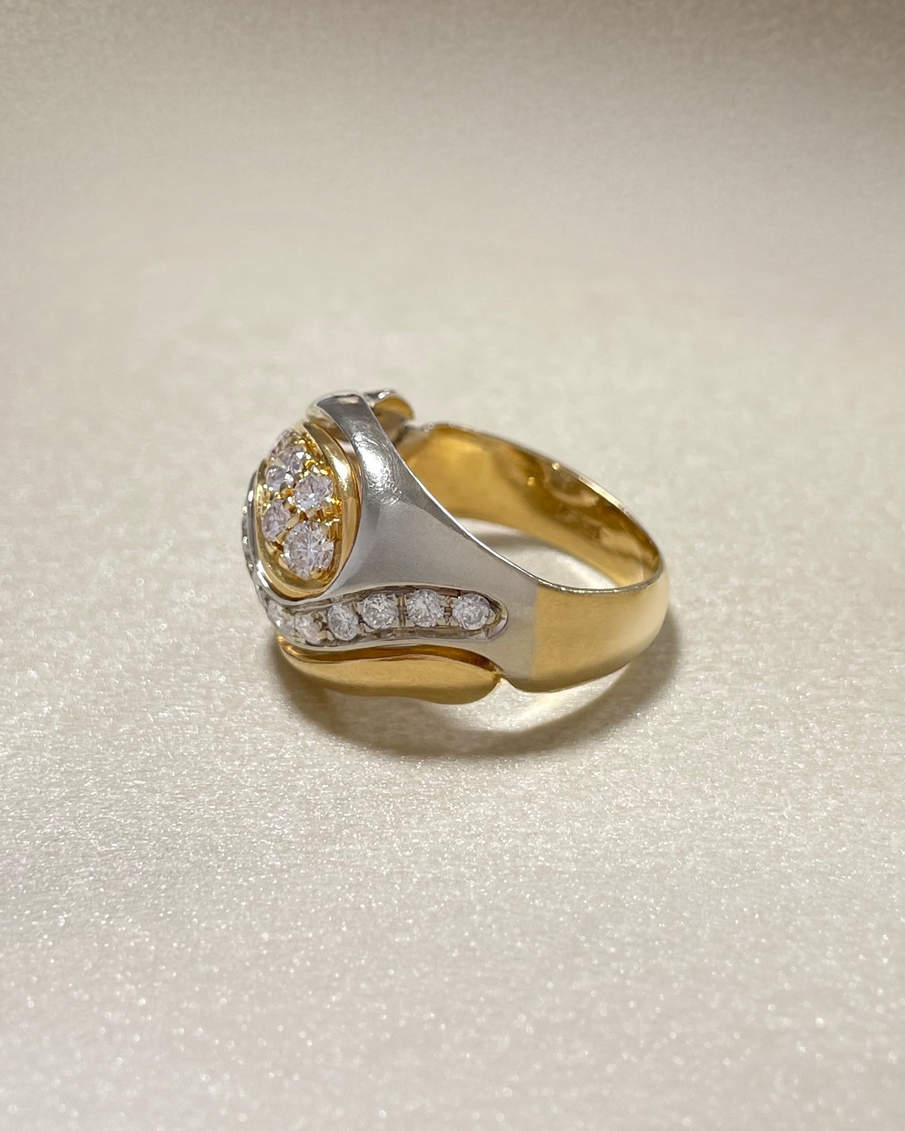 Side view of noughties Italian diamond cluster bypass ring in 18kt white and yellow gold showing bombe profile – Auric Vintage