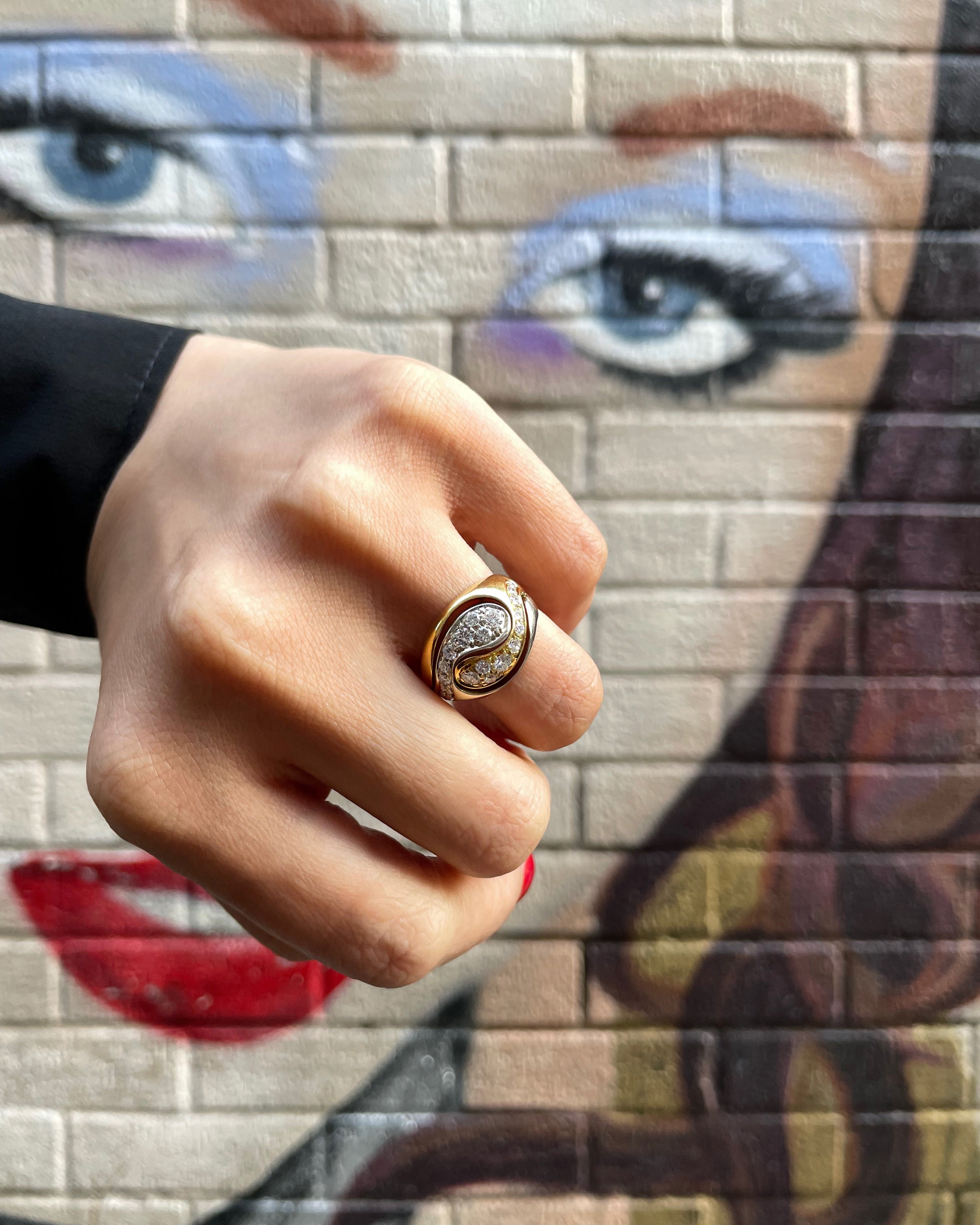 Noughties Italian diamond cluster bypass ring in 18kt white and yellow gold worn on hand showing scale and sculptural form – Auric Vintage