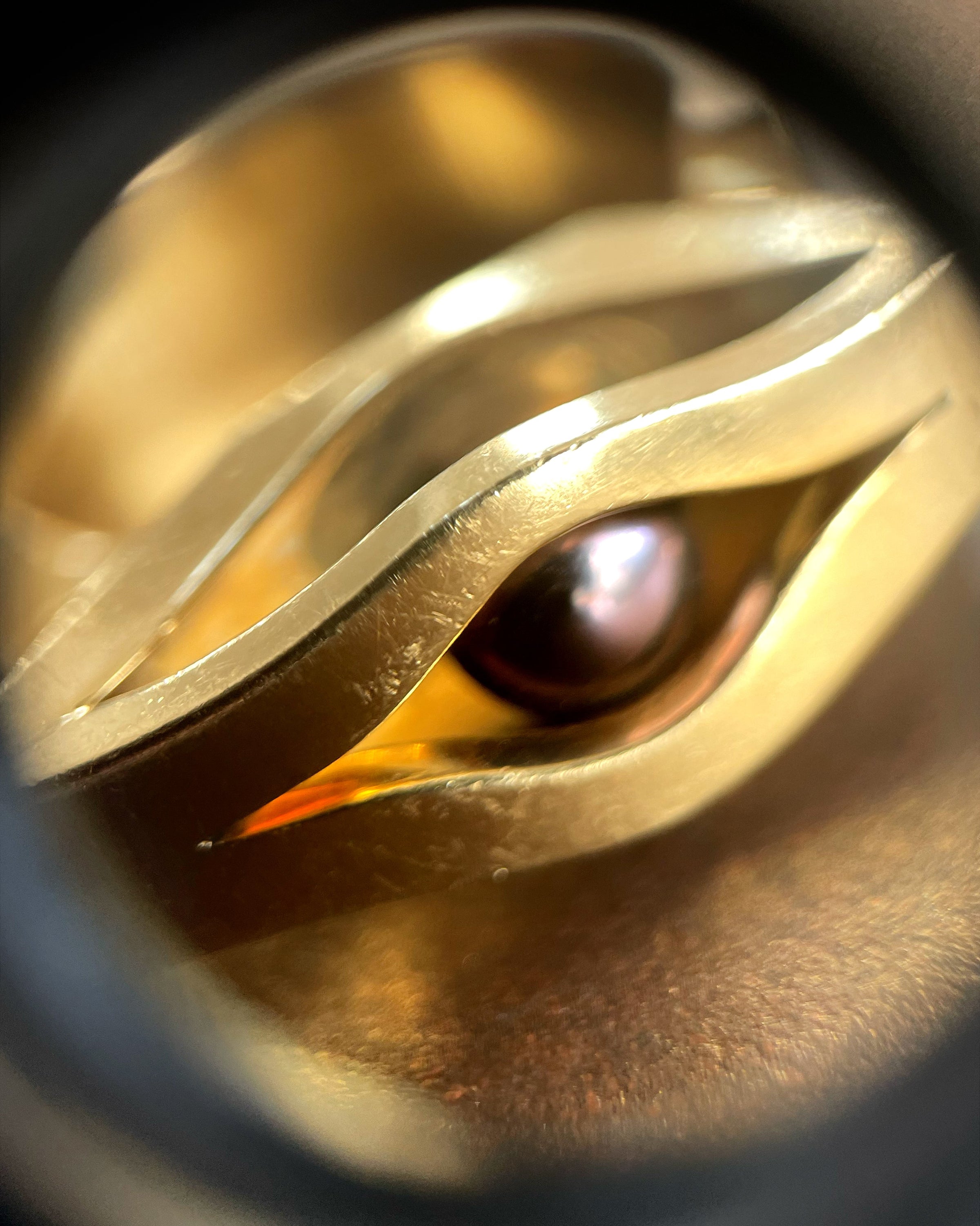 Modernist French Tahitian black pearl iris ring