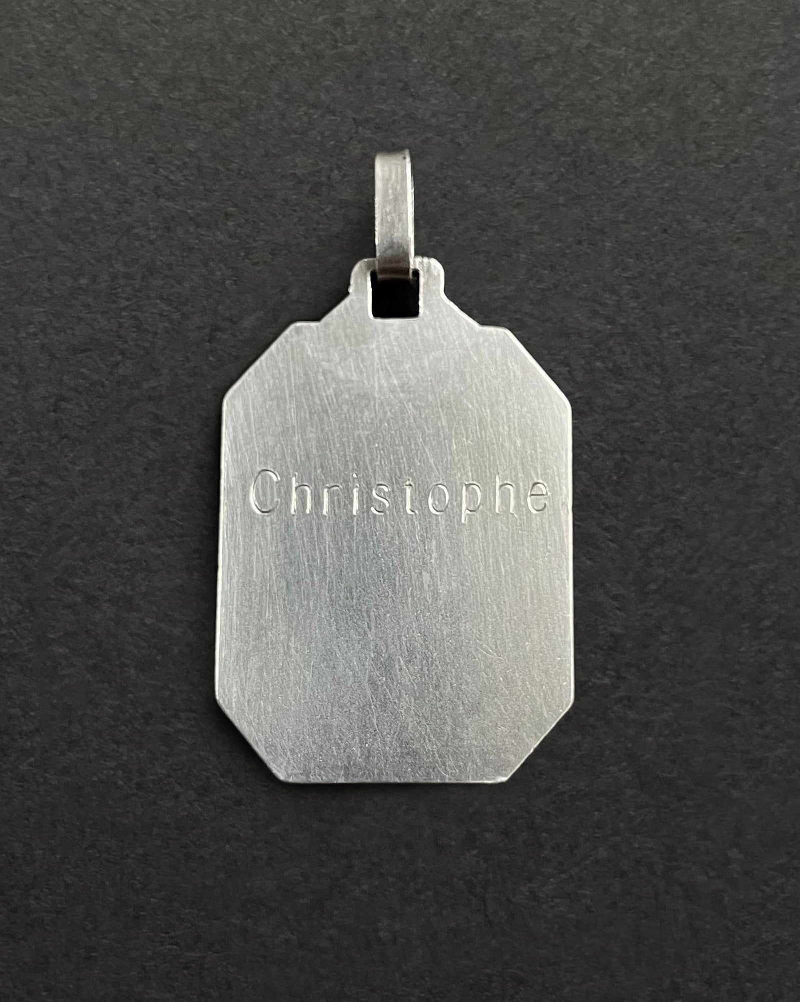 Reverse of 1950s French St. Christopher pendant in 800 silver with engraved ‘Christophe’ – Auric Vintage