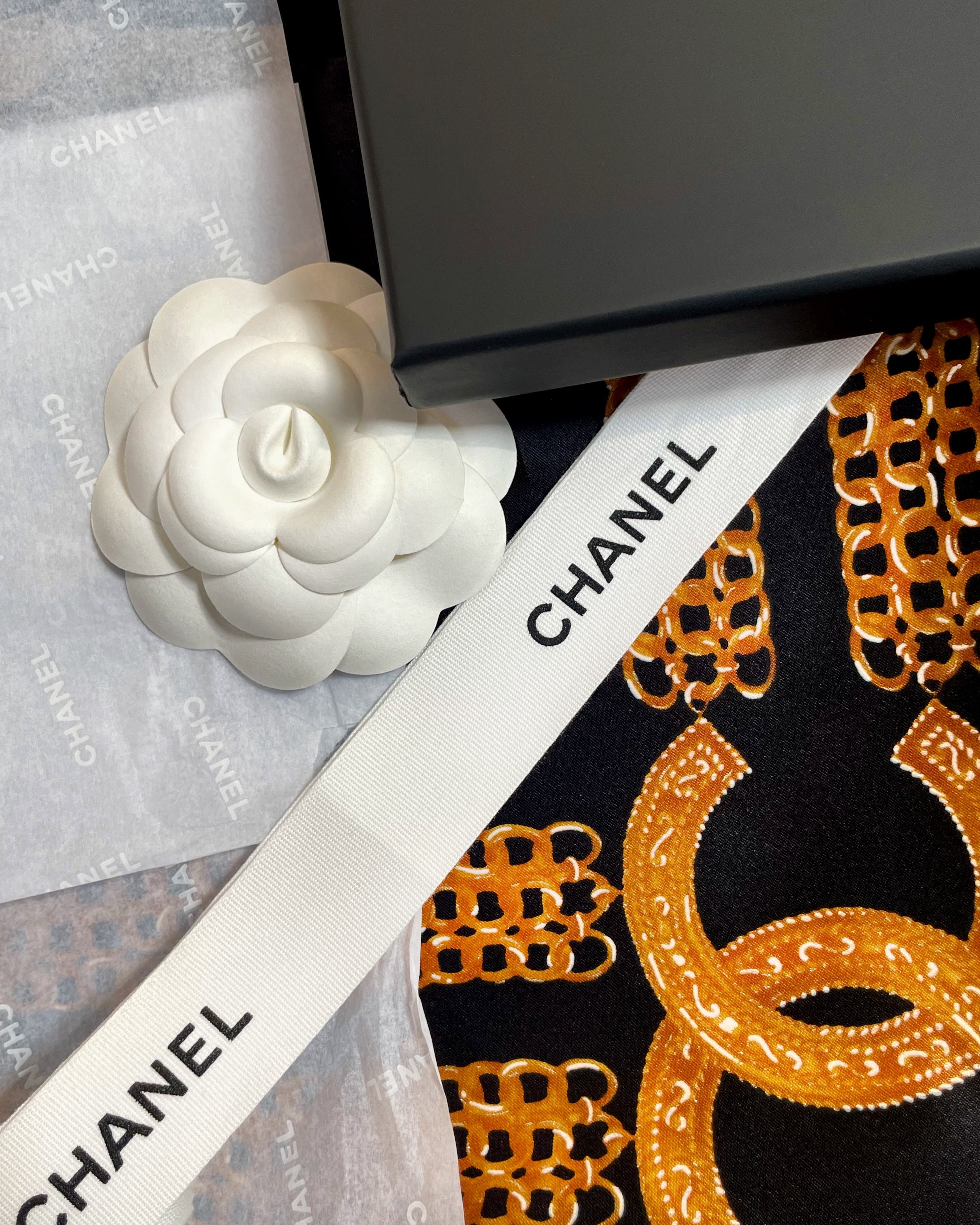 Chanel Cruise collection silk scarf in black
