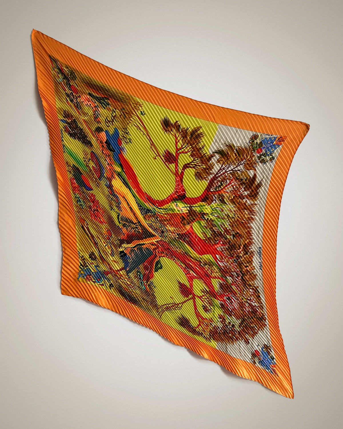 Hermes Kuggor Tree plisse silk scarf in orange