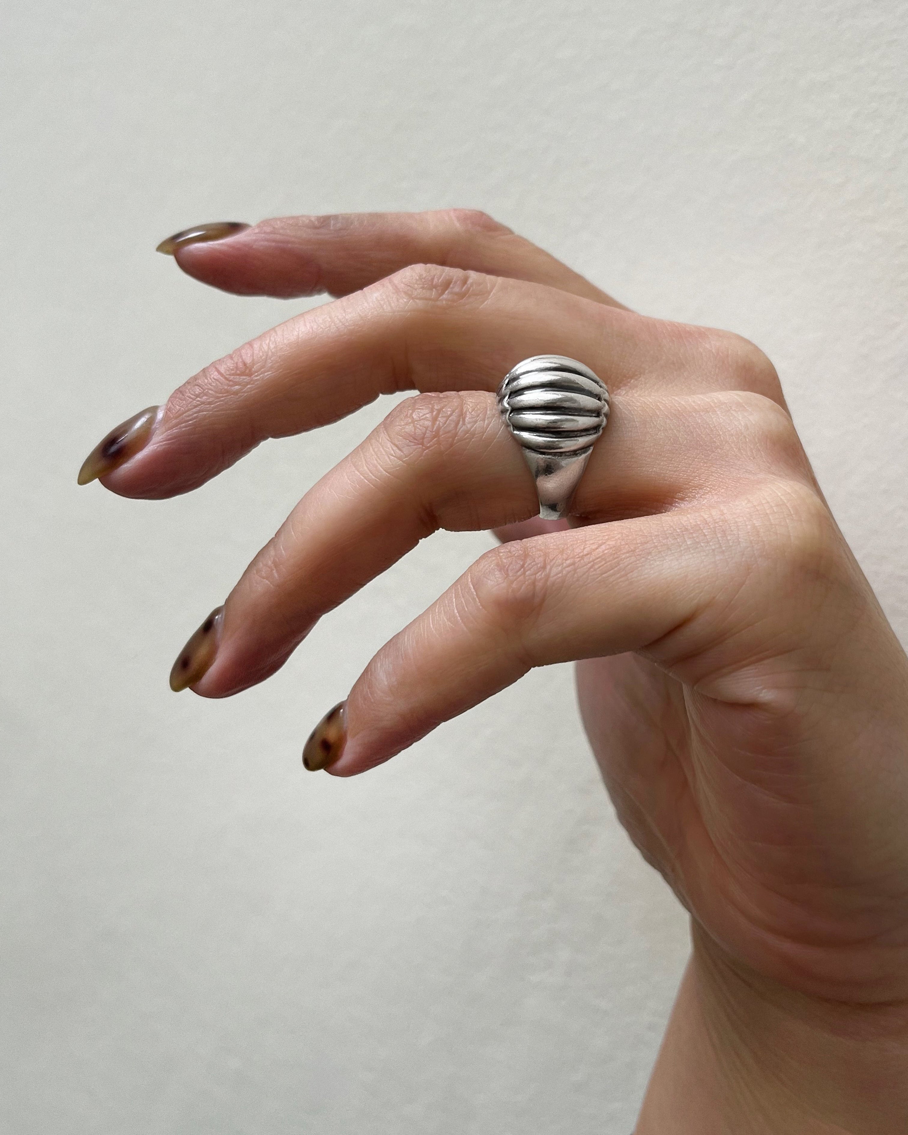 Vintage French ribbed bombé ring in sterling silver shown worn on hand highlighting domed sculptural form – Auric Vintage
