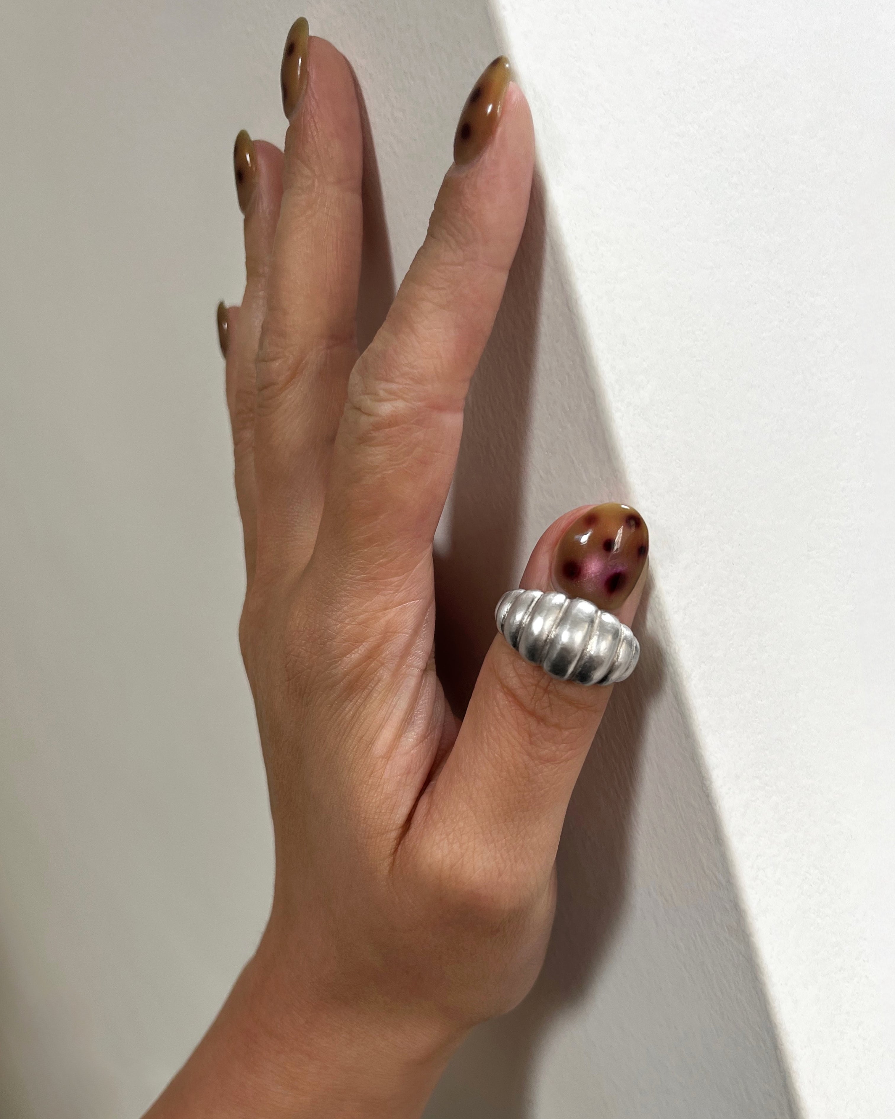 1950s French ribbed bombé ring in sterling silver shown worn on hand highlighting sculptural domed form – Auric Vintage