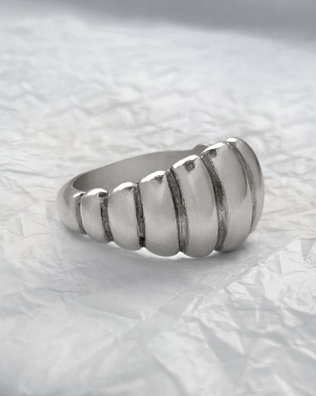 Side view of 1950s French ribbed bombé ring in sterling silver showing domed profile and tapered shank – Auric Vintage