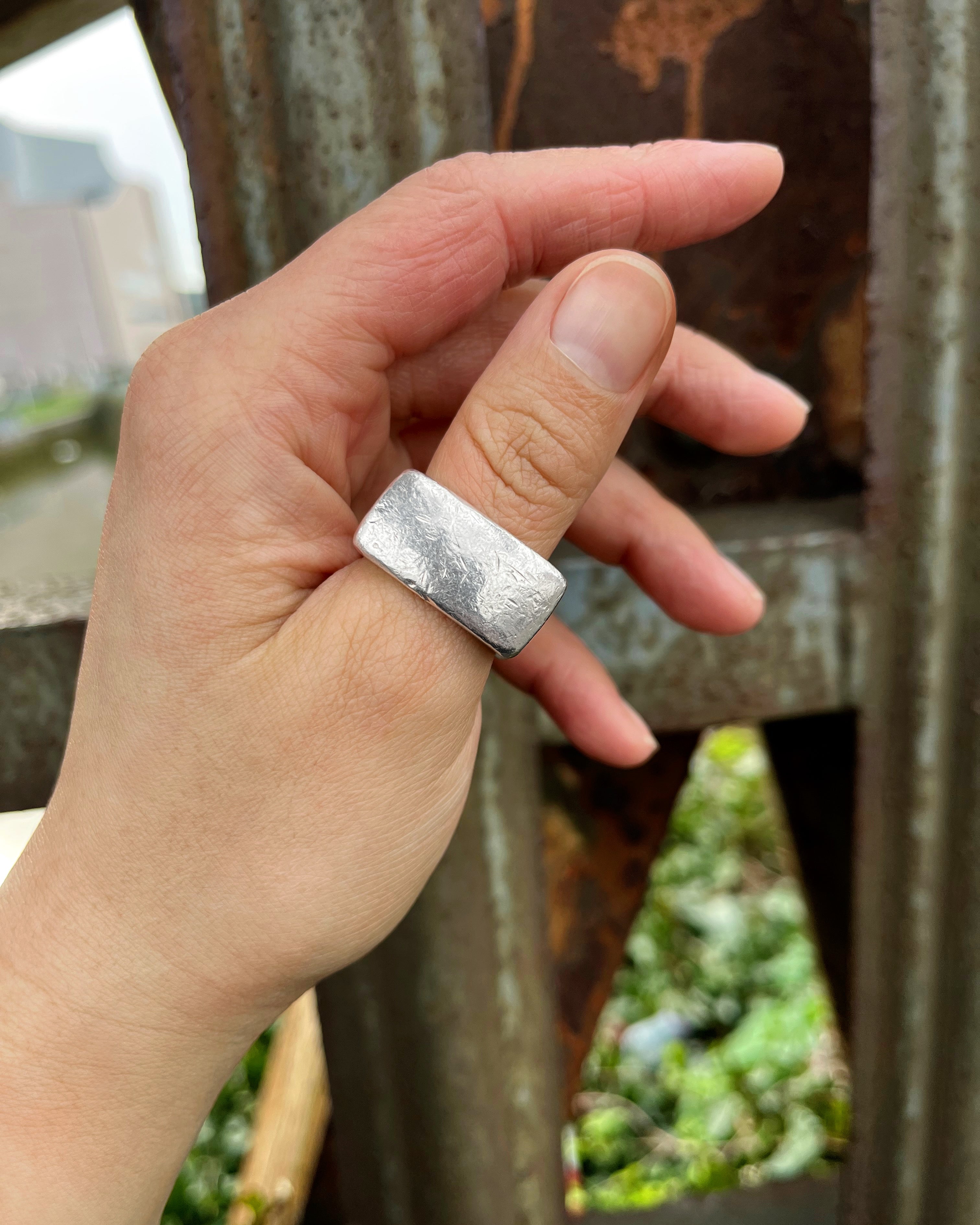 Modernist heavy barrel ring in sterling silver shown worn on hand highlighting bold sculptural shape – Auric Vintage