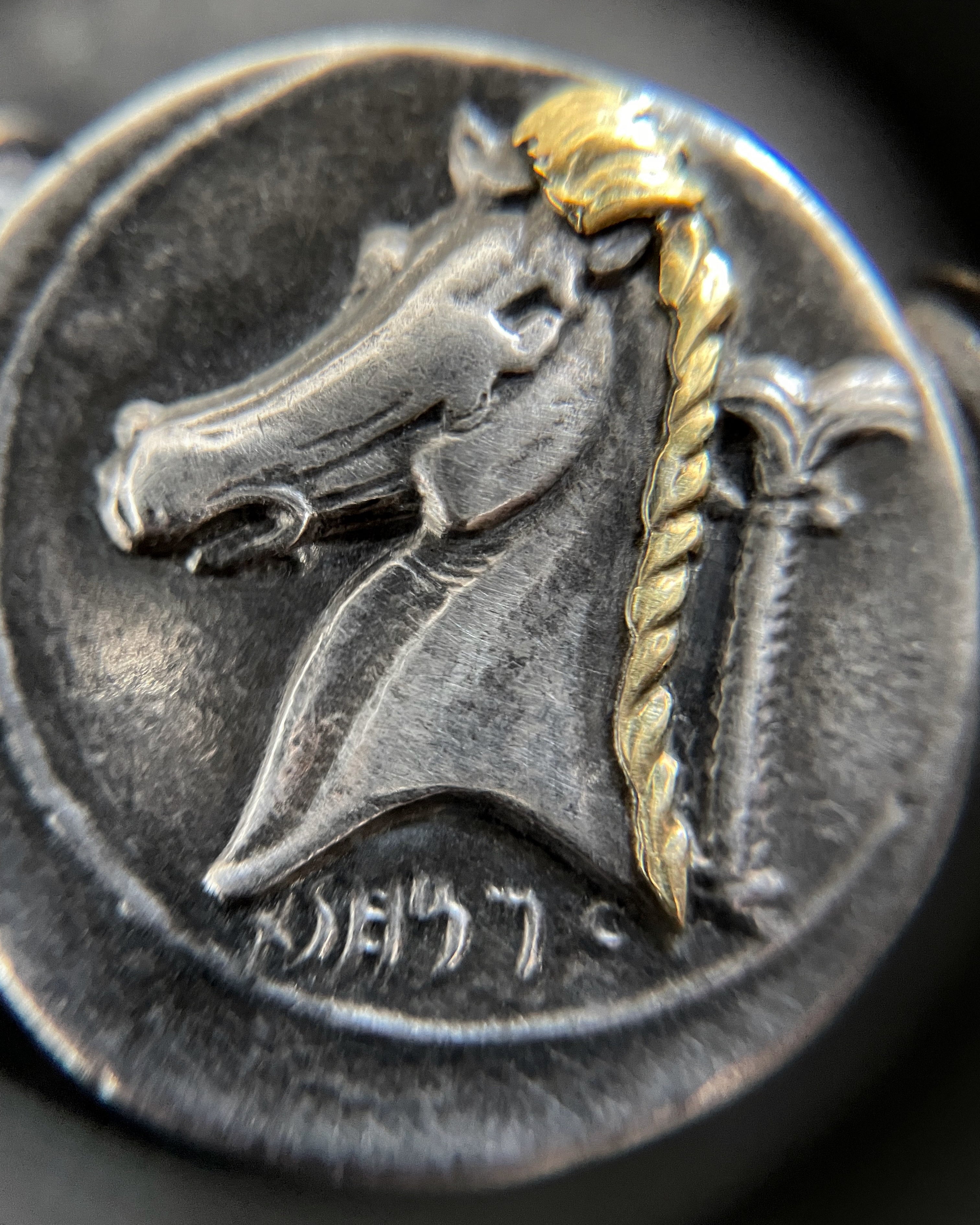 Close-up of vintage Arthus Bertrand Carthaginian tetradrachm pendant necklace showing coin detail with horse and Tanit motifs – Auric Vintage