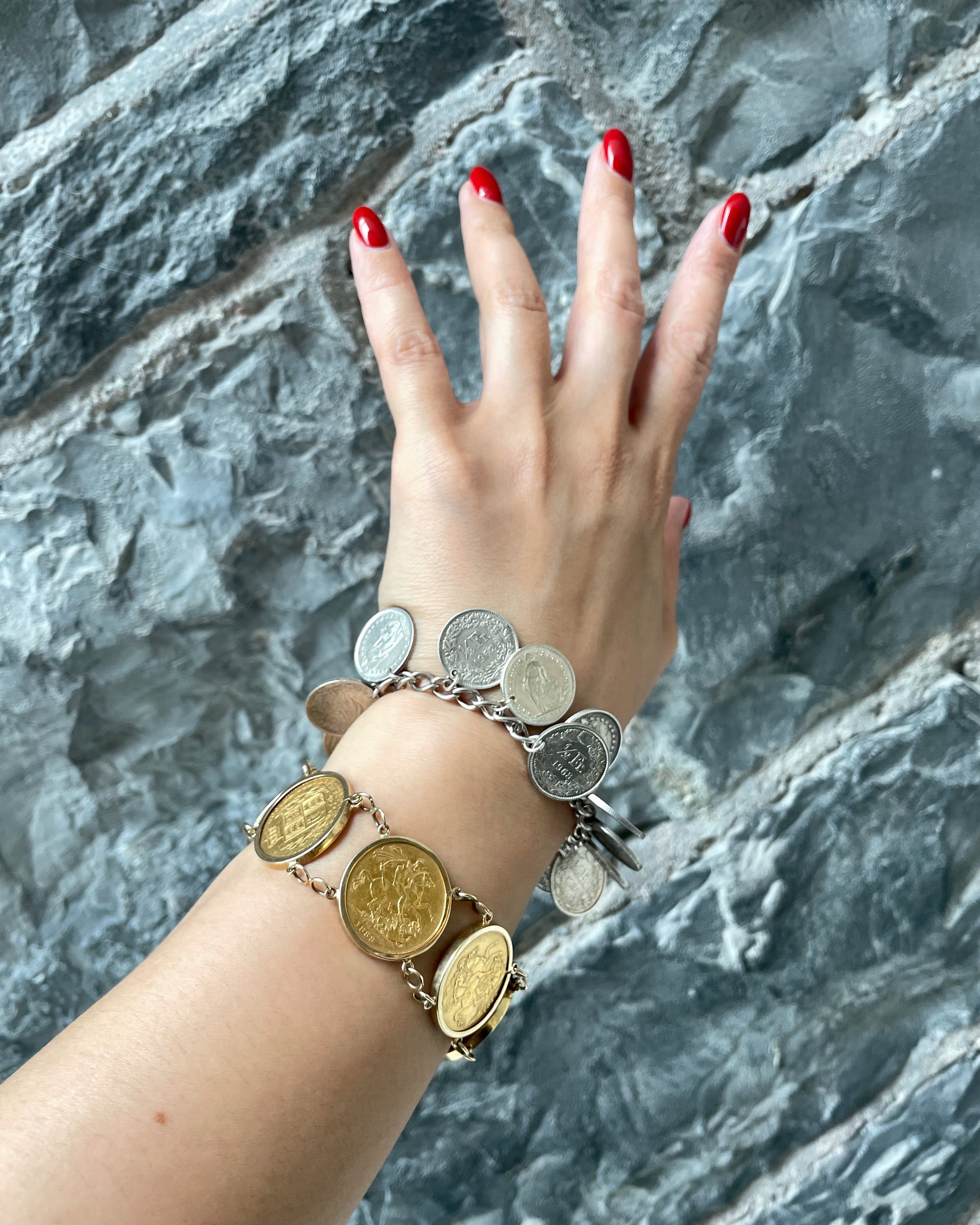 Vintage silver Swiss half-franc coin charm bracelet worn stacked with gold sovereign bracelet – Auric Vintage