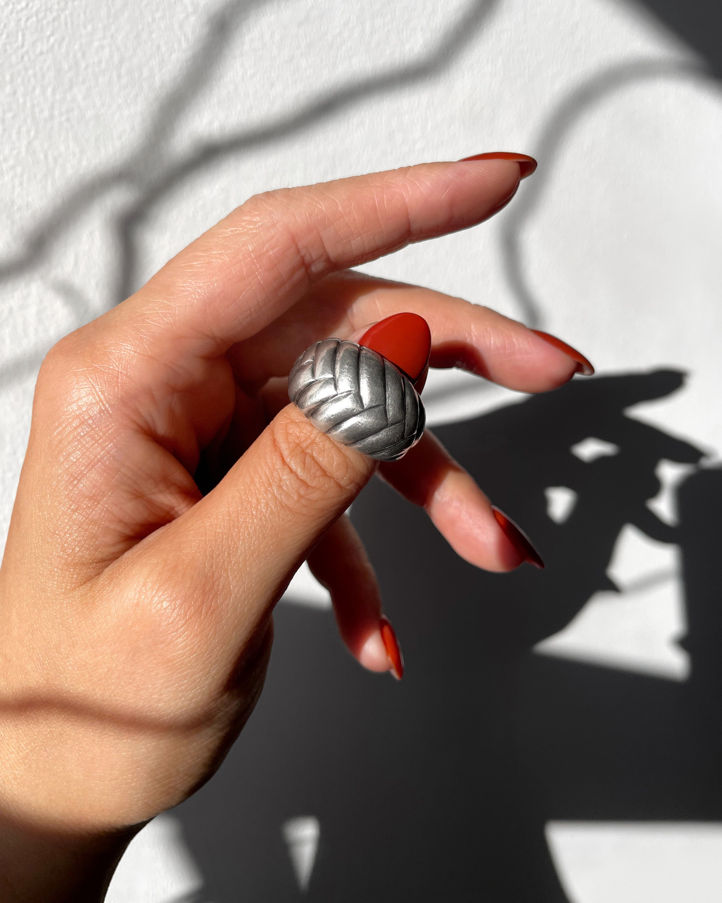 1970s French basket weave bombé ring in sterling silver worn on hand showing sculptural form – Auric Vintage