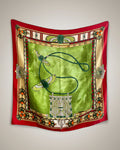 Vintage Must de Cartier Le Scarabée silk scarf in light green featuring Egyptomania-inspired design, hanging display – Auric Vintage