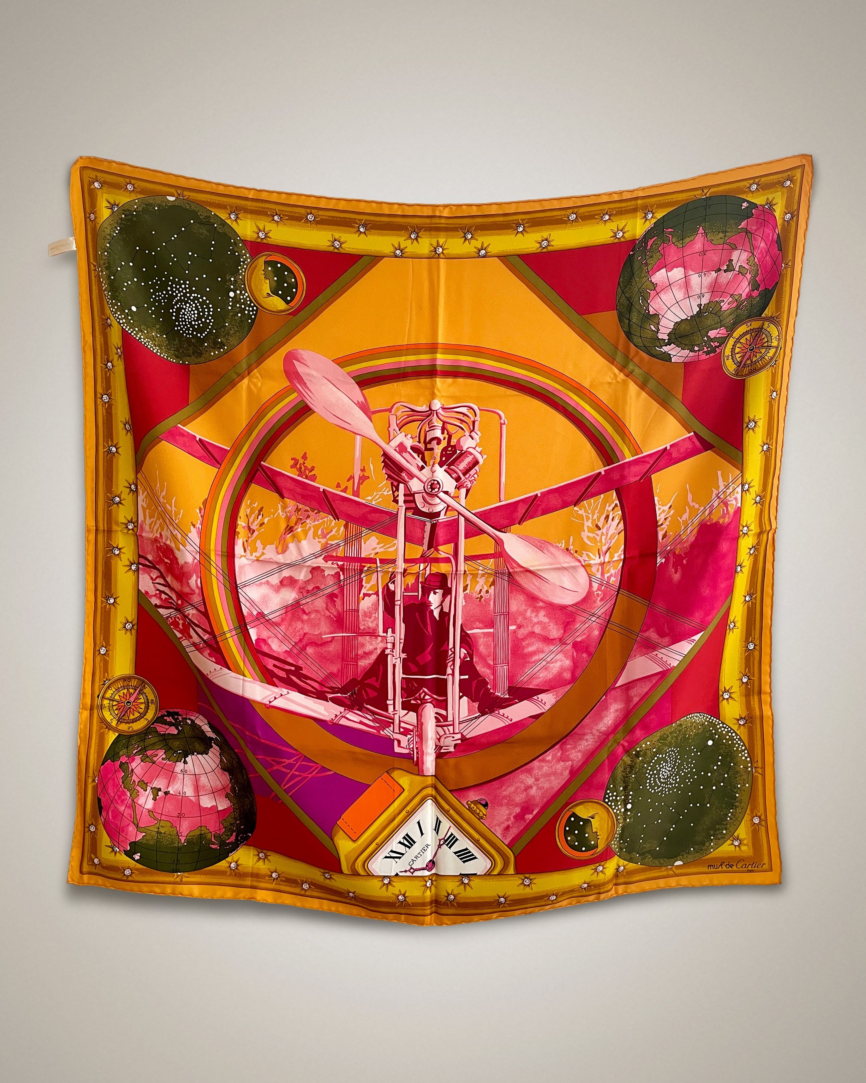 Vintage Must de Cartier silk scarf with Santos-Dumont aviation and Santos watch motif – Auric Vintage