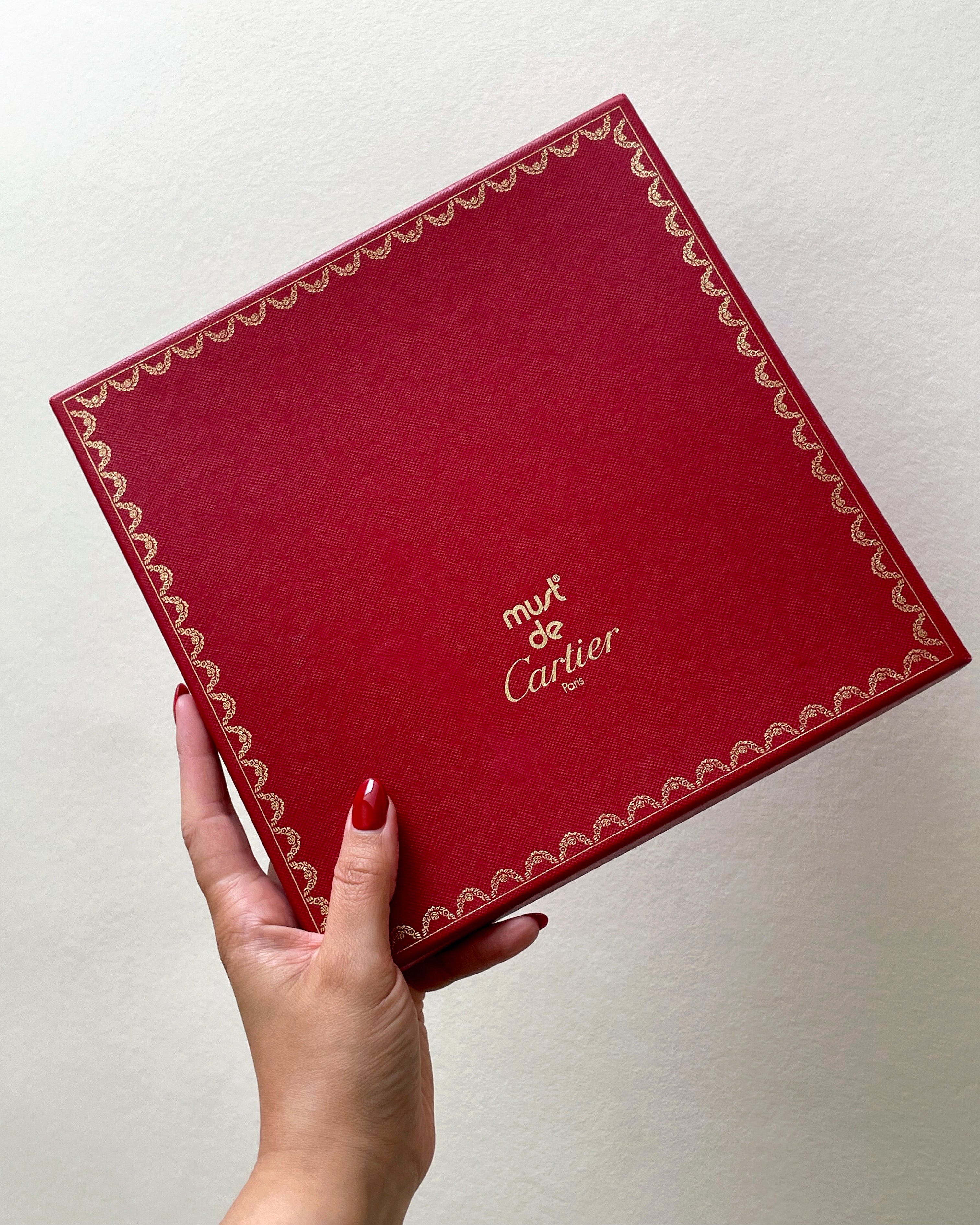Vintage Must de Cartier silk scarf box held in hand showing original Cartier packaging – Auric Vintage