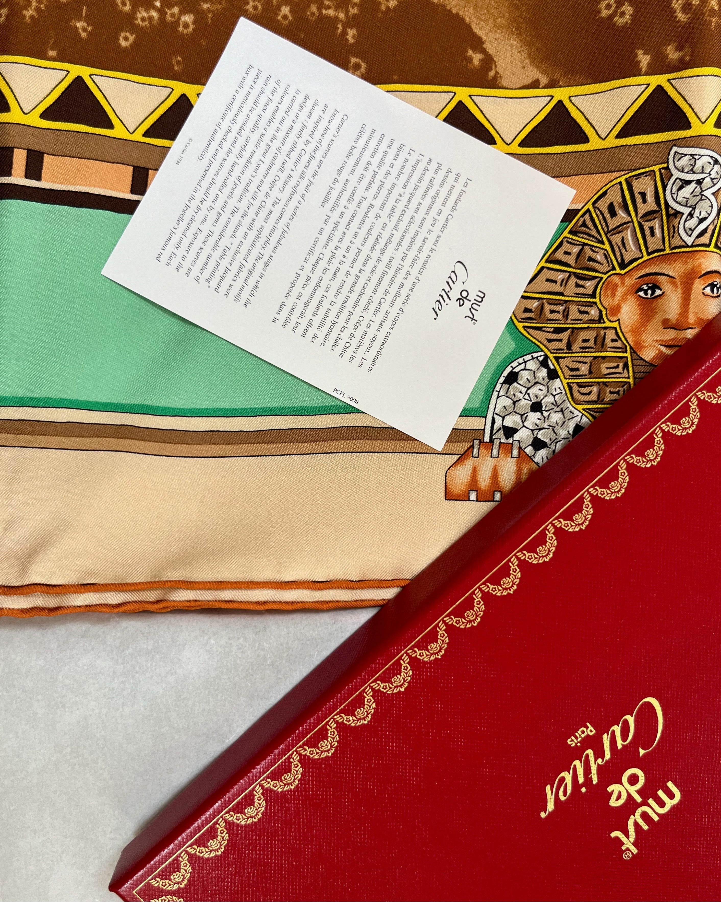 Vintage brown Must de Cartier Le Scarabée silk scarf with original Cartier box and paperwork – Auric Vintage