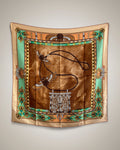 Vintage Must de Cartier Le Scarabée silk scarf in brown featuring Egyptomania-inspired design, hanging display – Auric Vintage