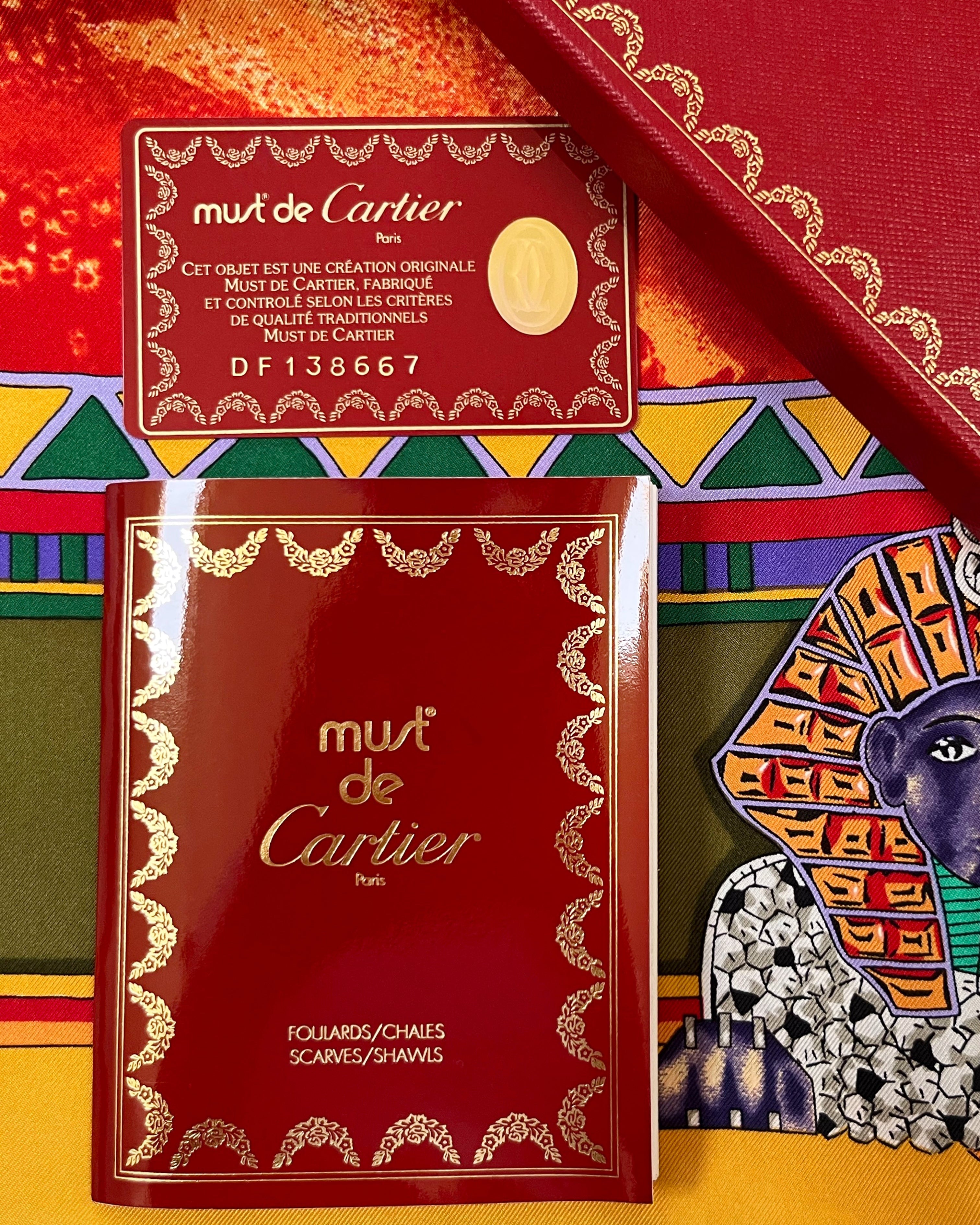Vintage red Must de Cartier Le Scarabée silk scarf presented with original Cartier box and paperwork – Auric Vintage