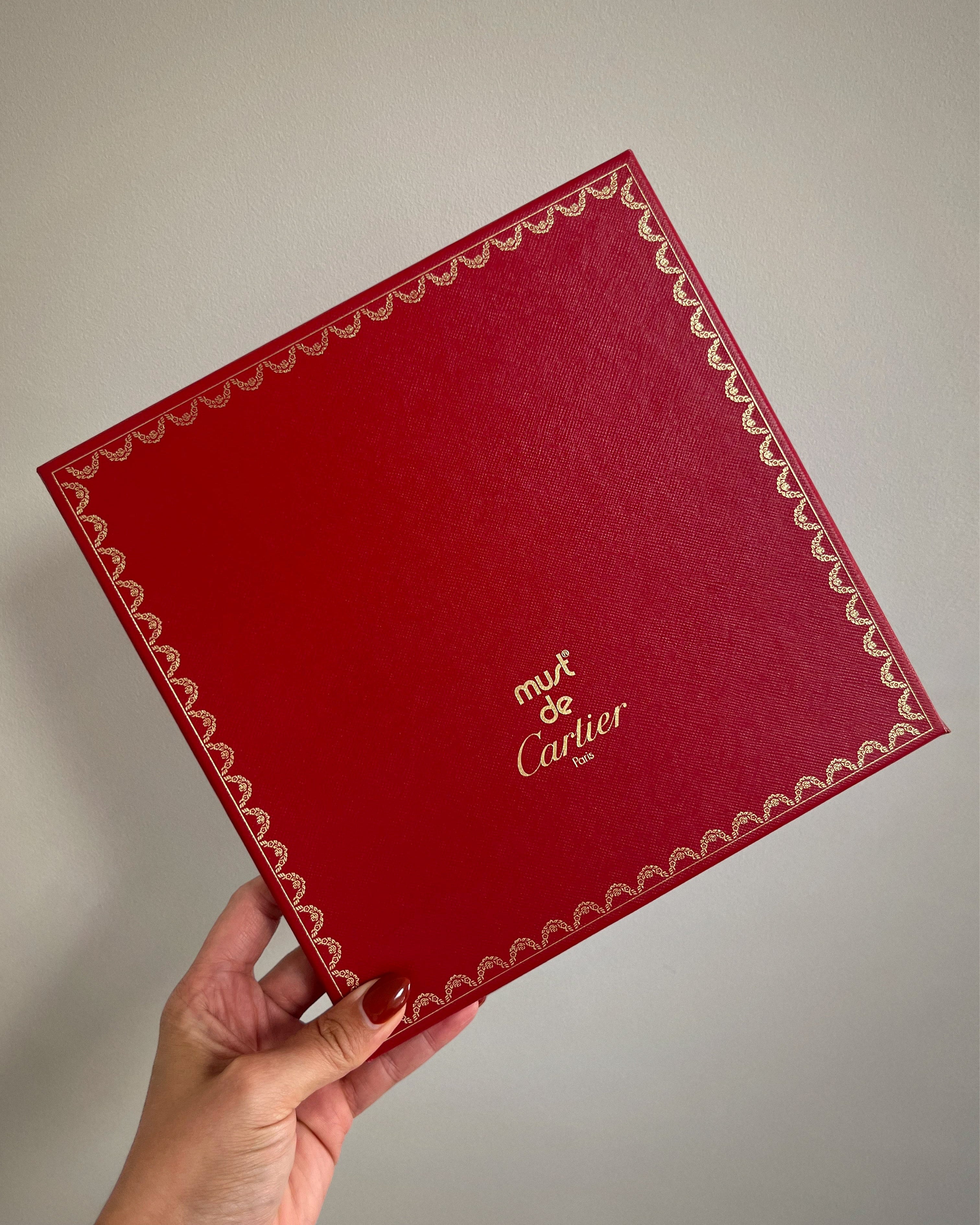 Original Cartier presentation box for vintage red Must de Cartier Le Scarabée silk scarf held in hand – Auric Vintage