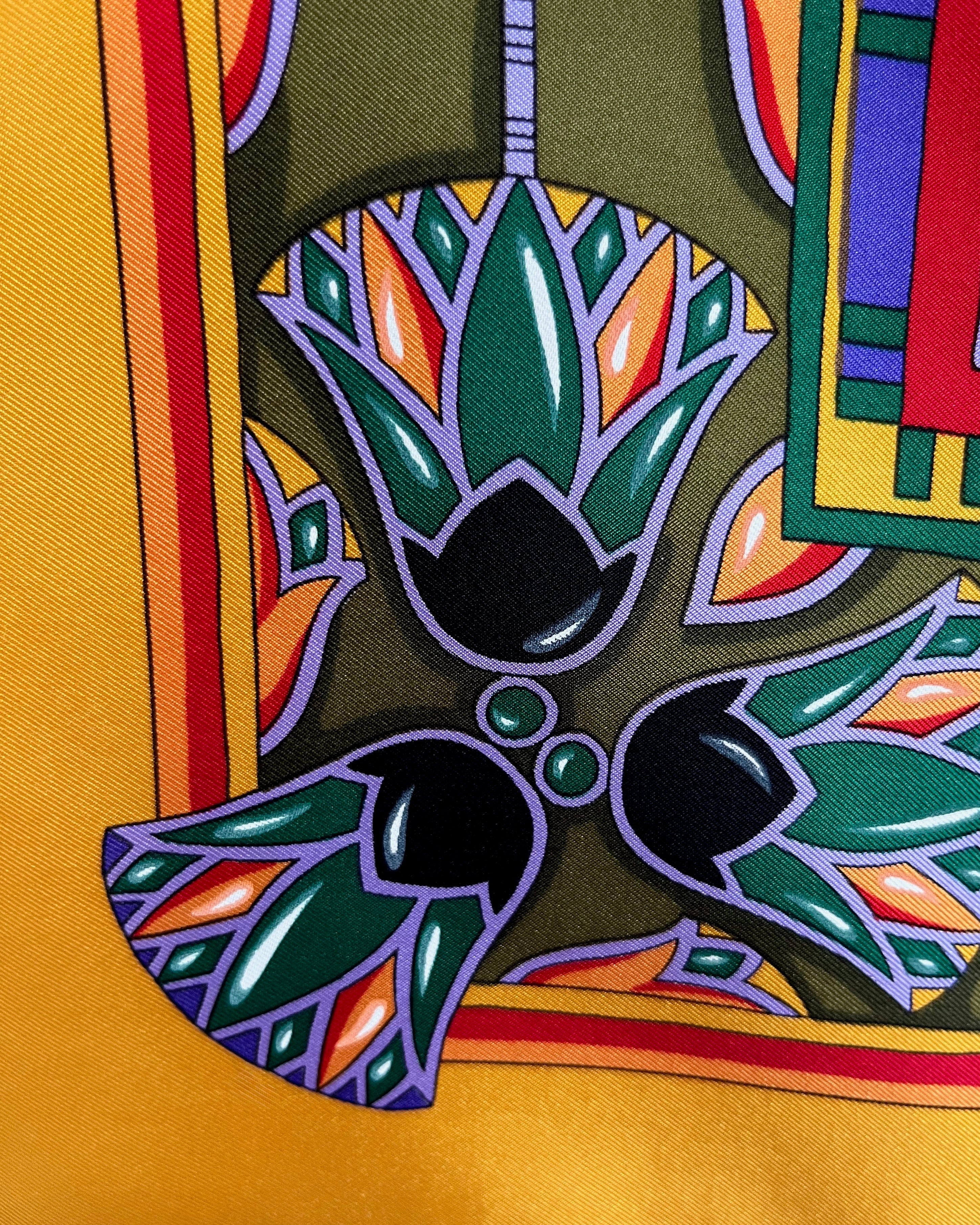 Close-up of lotus flower border on vintage red Must de Cartier Le Scarabée silk scarf – Auric Vintage