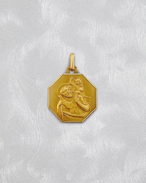 1950s French St. Christopher pendant in 18kt yellow gold with octagonal form and haloed figures – Auric Vintage