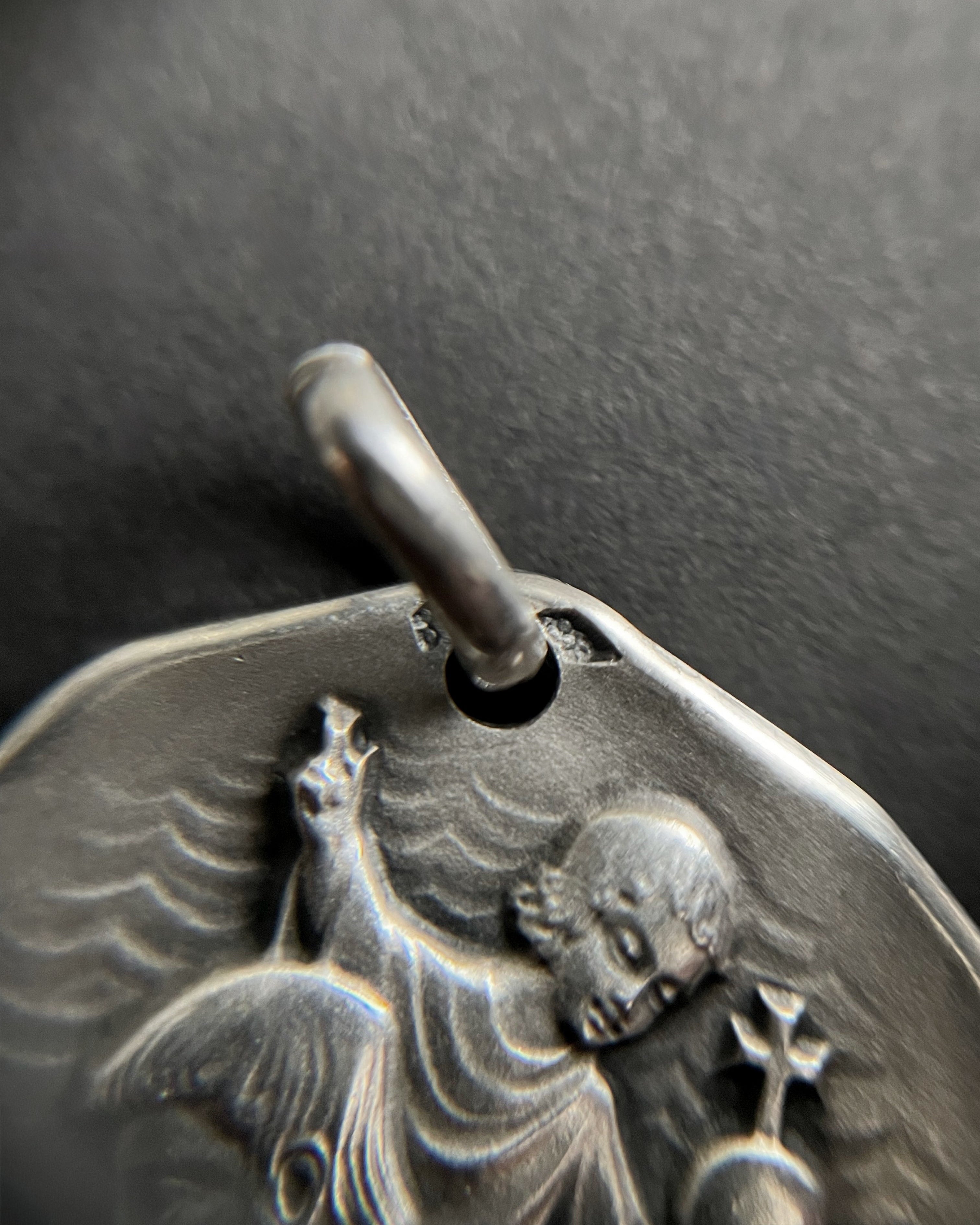 Close-up of mid century French 800 silver St. Christopher medal showing Jean Balme maker’s mark – Auric Vintage