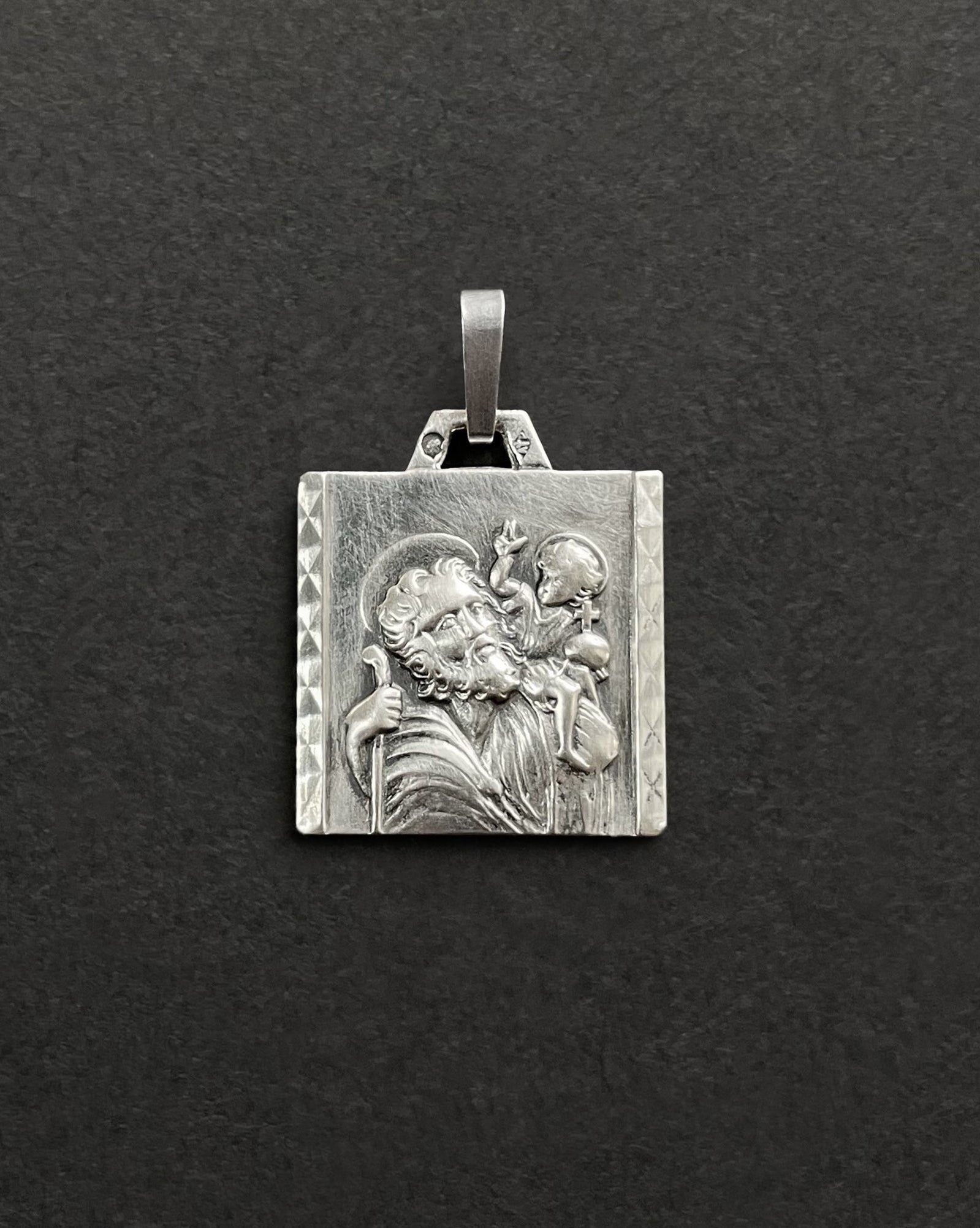 Classical French square St. Christopher pendant in 800 silver with figural relief – Auric Vintage