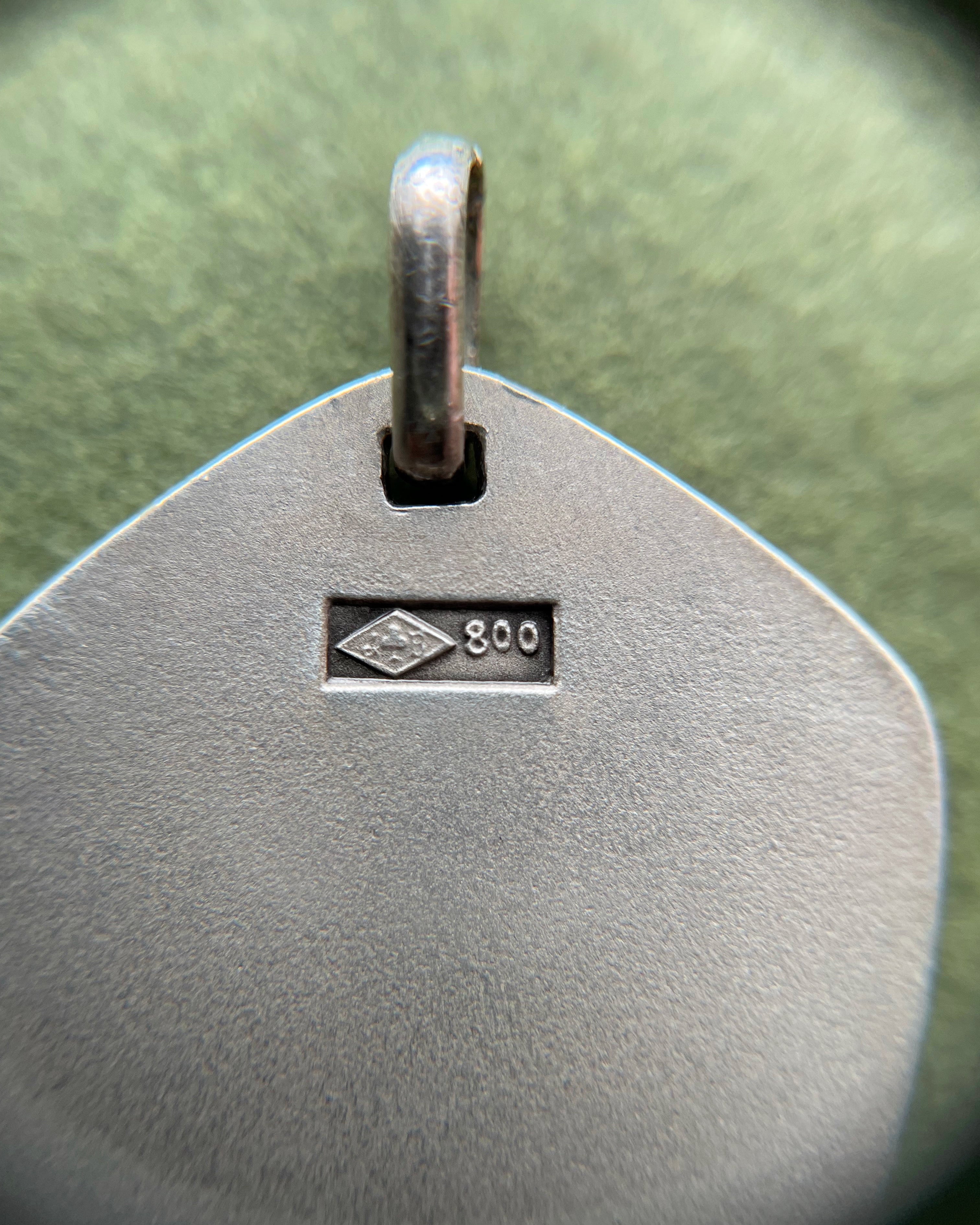 Close-up of 1970s French 800 silver Cancer zodiac pendant showing hallmark and Jean Balme maker’s mark – Auric Vintage