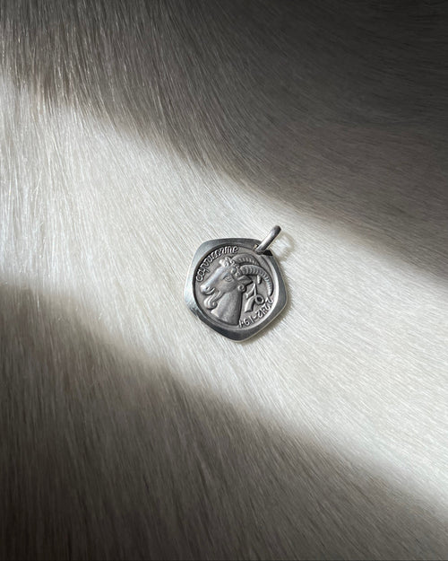 1970s French Capricorn zodiac pendant in 800 silver displayed on animal hide – Auric Vintage