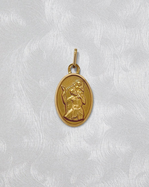 1950s French mini oval St. Christopher pendant in 18kt yellow gold with haloed figural relief – Auric Vintage
