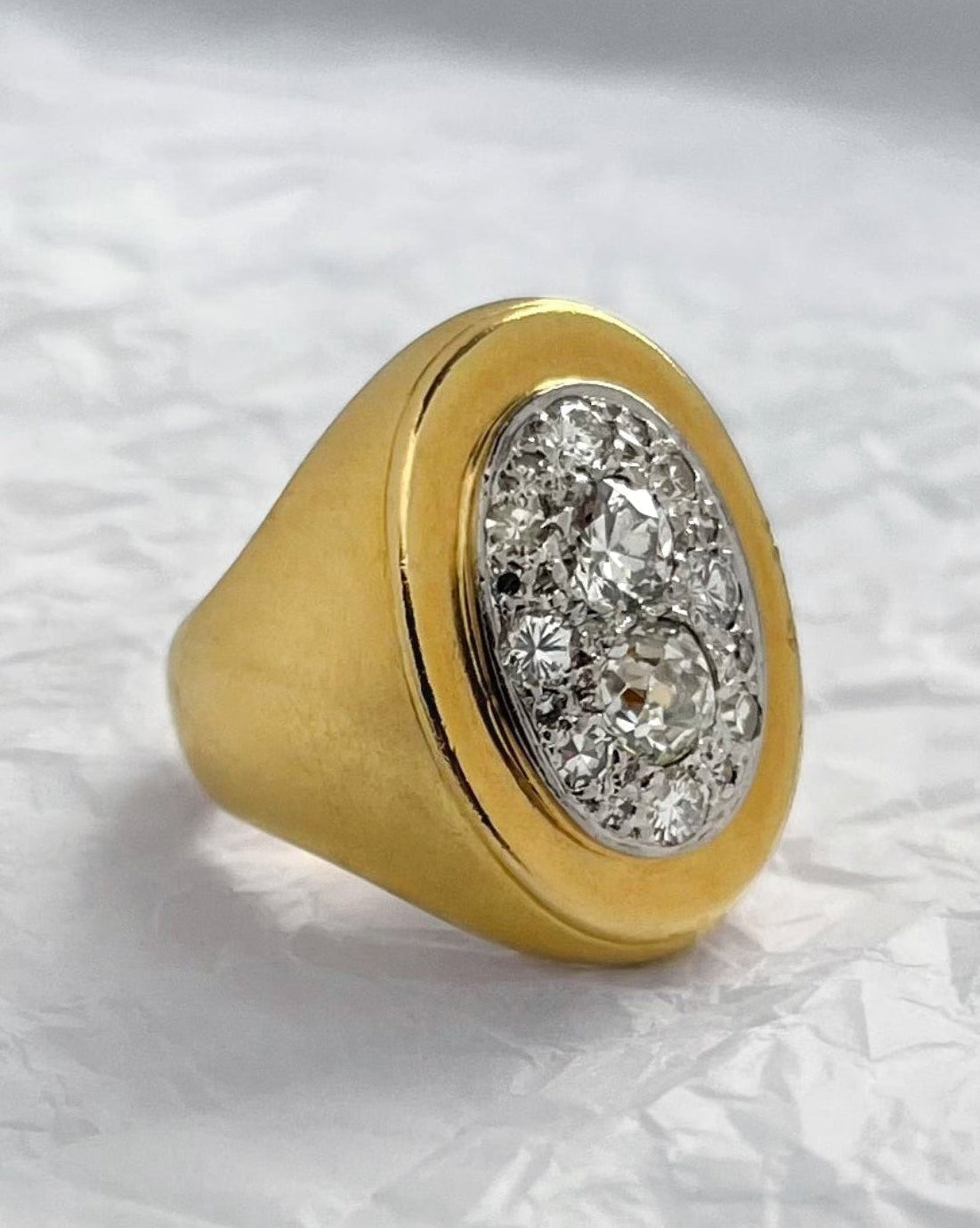 Side view of French retro diamond cluster ring in 18kt gold showing domed cluster form – Auric Vintage