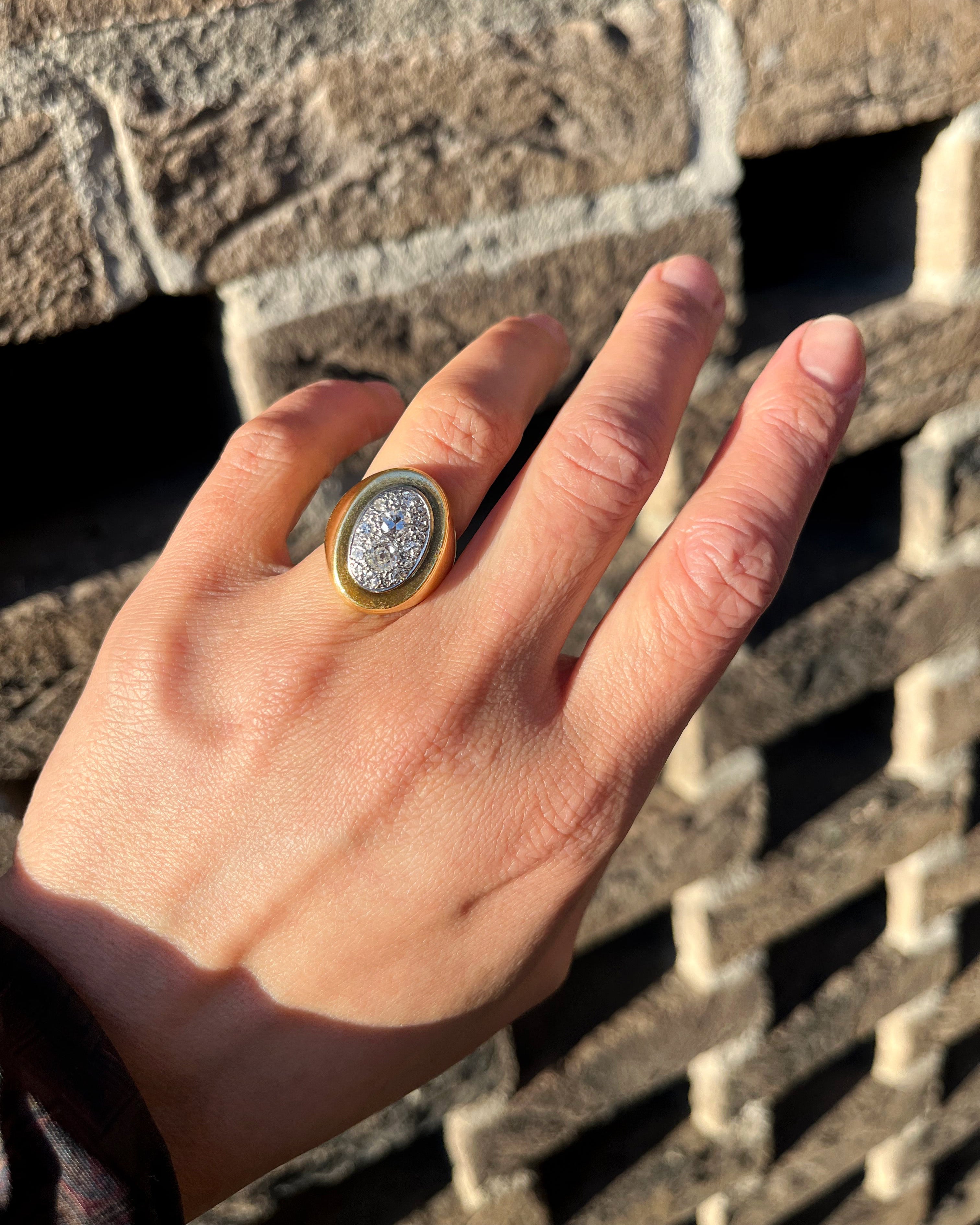 French retro diamond cluster ring in 18kt gold worn on hand showing scale and presence – Auric Vintage